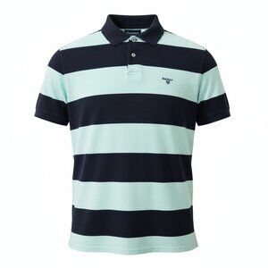 Barbour Polo Shirt Mens Medium Rugby Green Blue Striped Golf Pullover